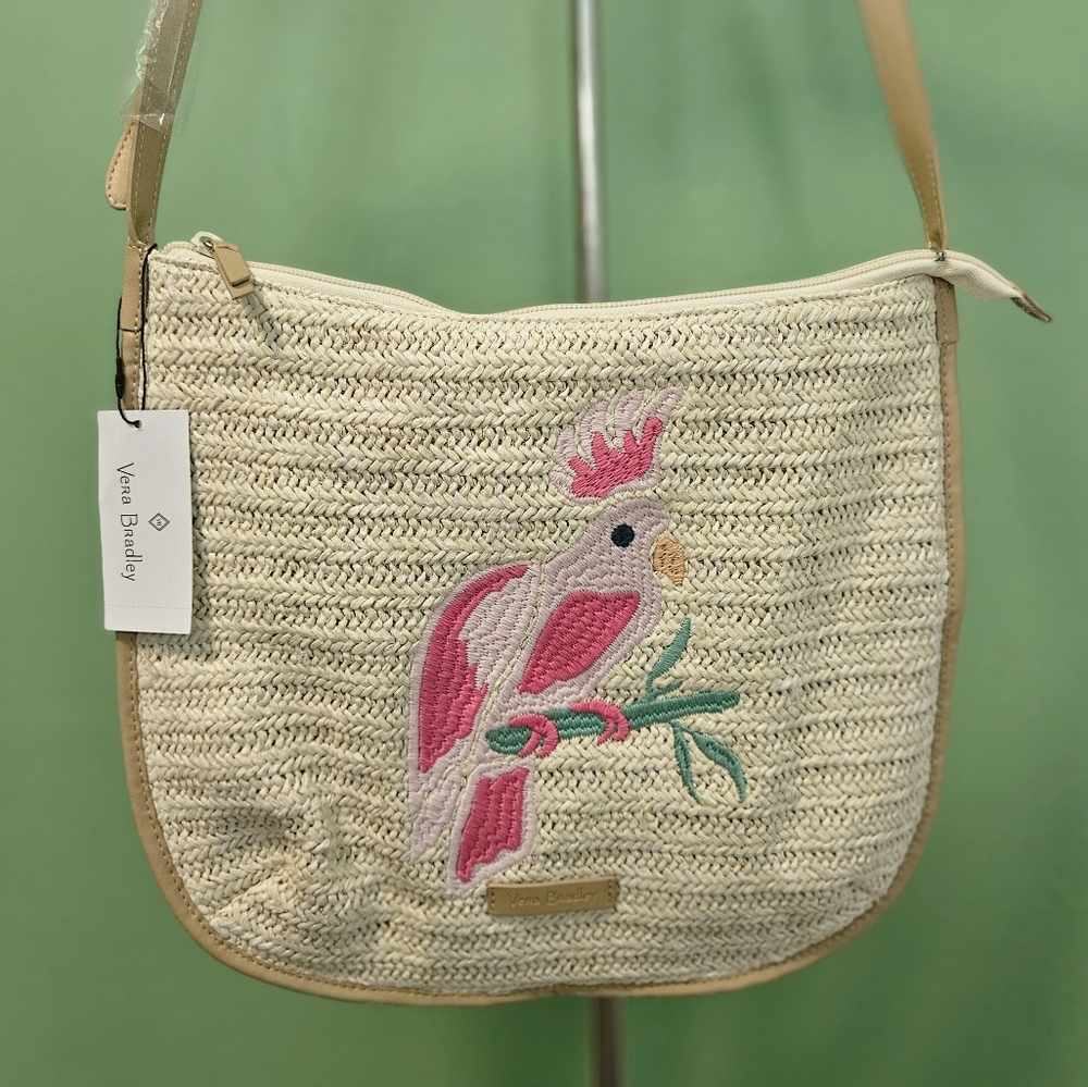 Vera Bradley Straw Crossbody with Embroidered Pink Cockatoo Parrot
